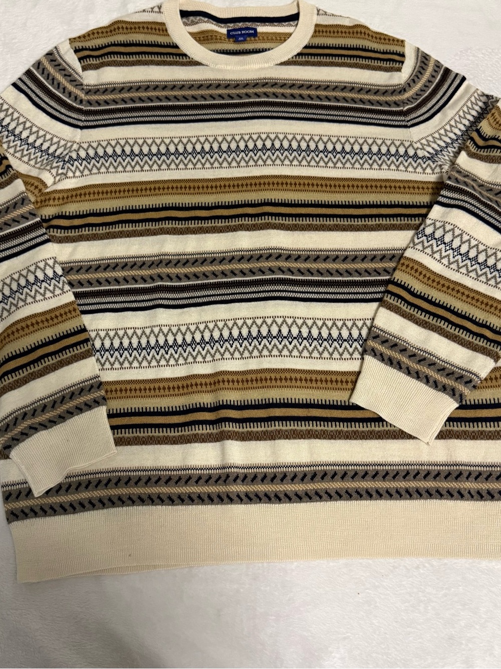 Club Room Men XXL Merino Wool Blend Sweater Fair Isle Geometric Stripe Crewneck